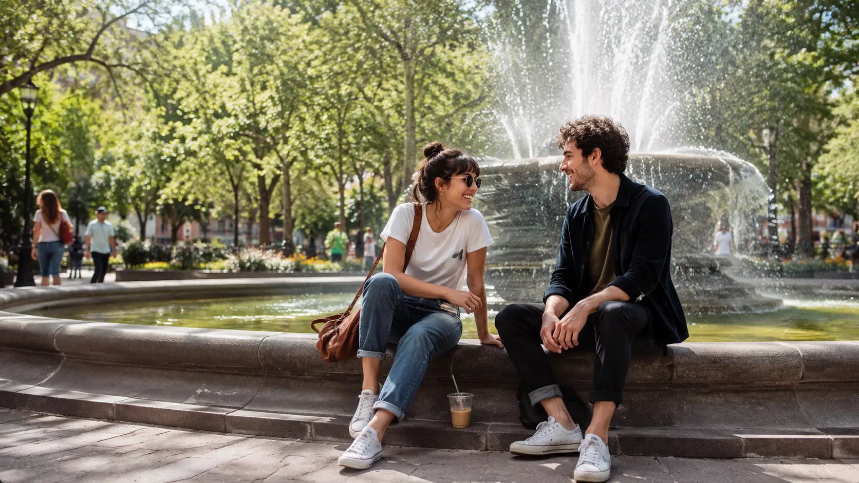 A couple talking beside a park fountain