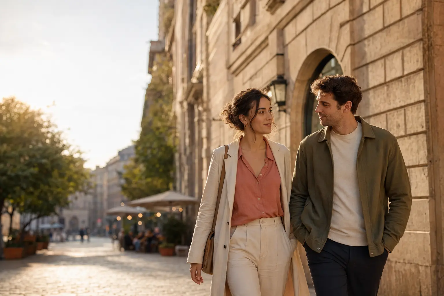 Two people walking together and smiling on a sunlit city street